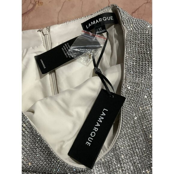 LAMARQUE Pati Rhinestone Mini Skirt in Silver XSmall New Womens Faux Leather - Picture 10 of 12